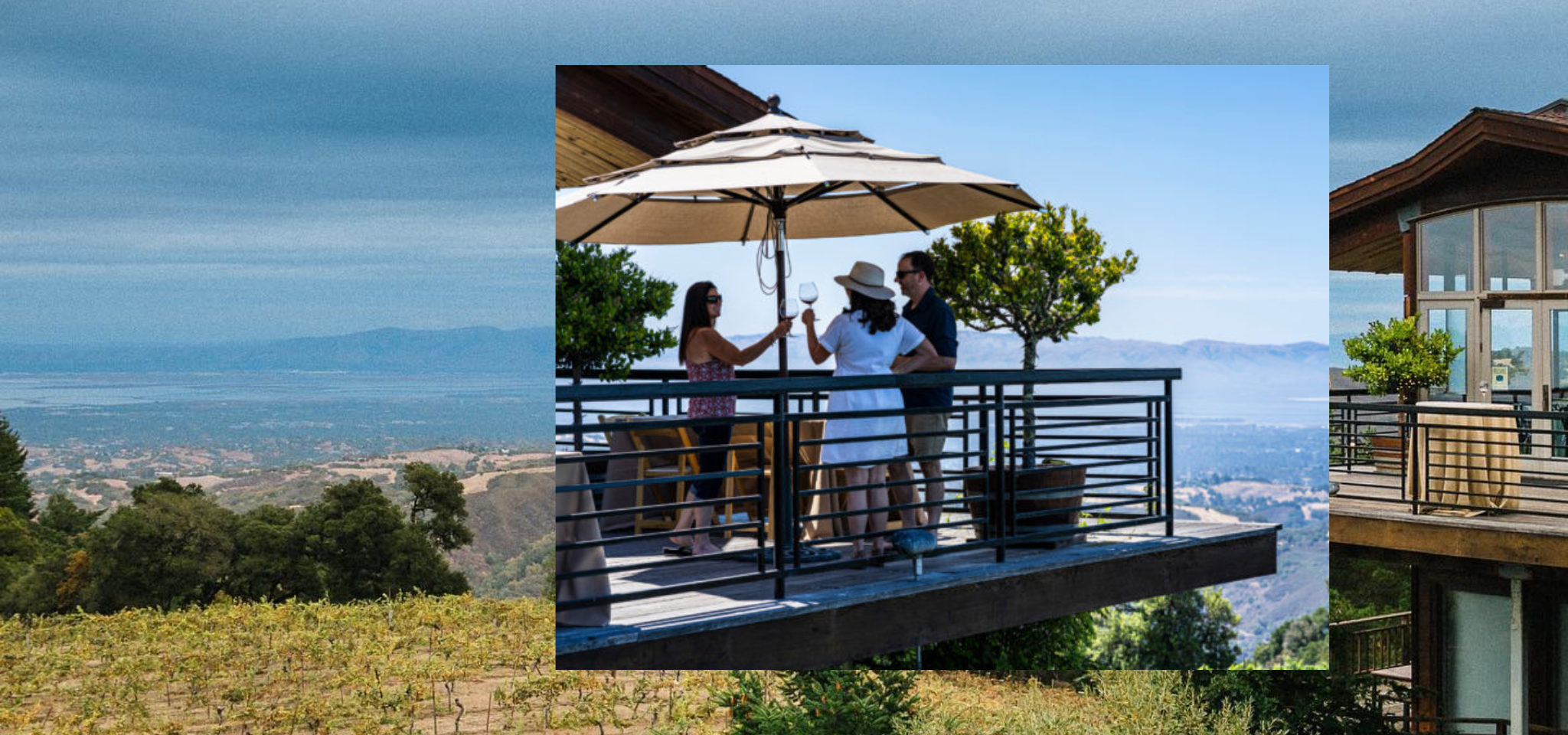 collage of the balcony overlooking the Thomas Fogarty Winery vineyards