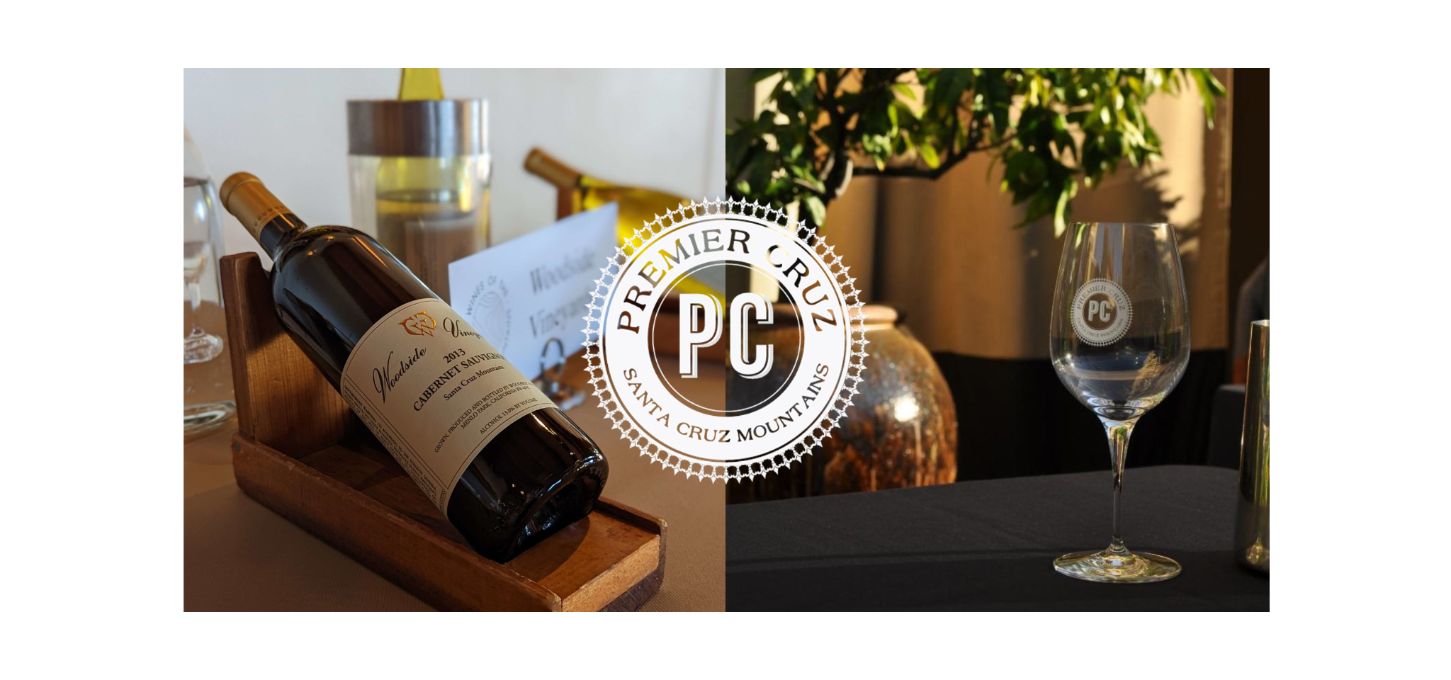 premier cruz banner with bottle of woodside cabernet logo and branded wine glass