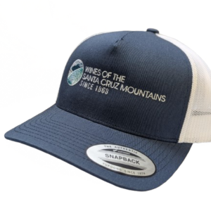 blue and white hat with the wines of the SCM logo embroidered on the front