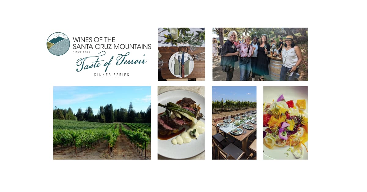 A collage of HOME food, a table set for dinner and Beauregard Ranch Vineyard